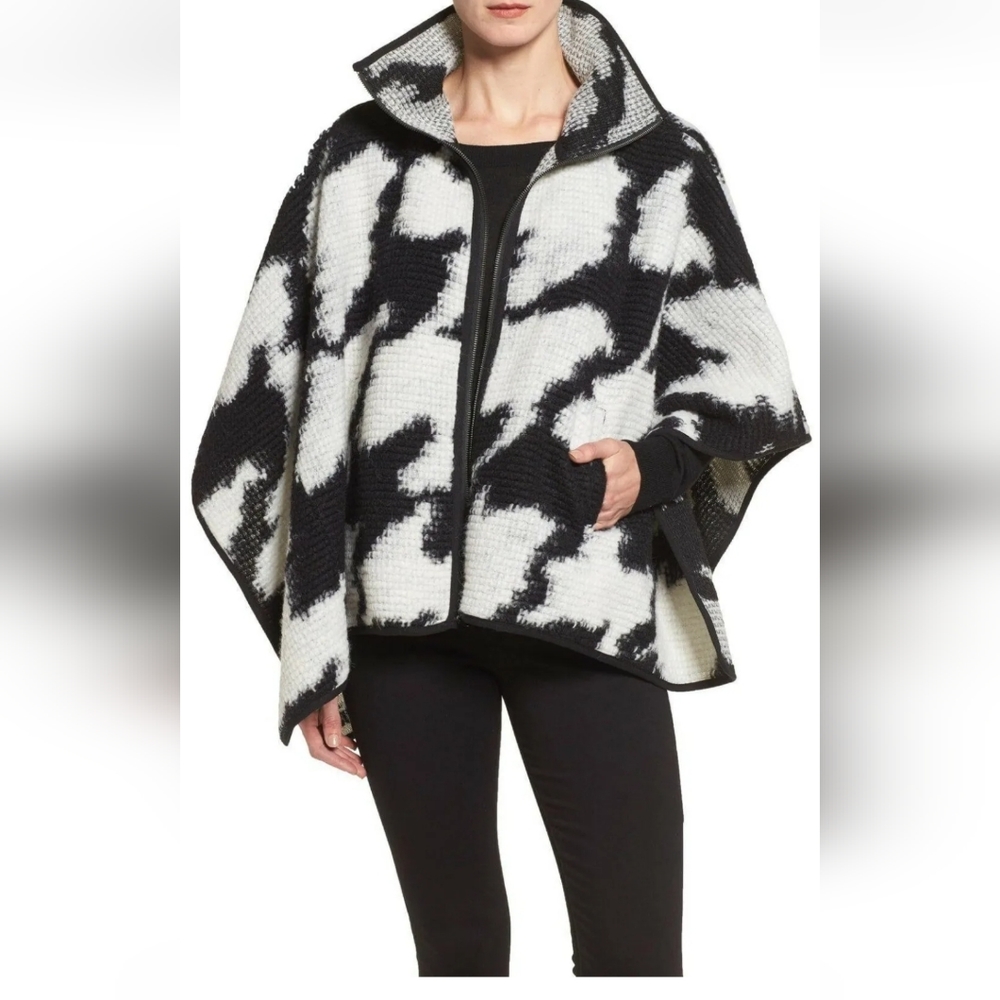 French Connection Large Houndstooth Zip Front Wool Blend Poncho Cape Sweater XS